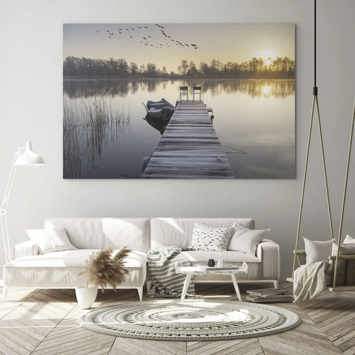 Cuadro sobre vidrio - Impresiones sobre Vidrio - Mañana en el lago con muelle. - 120x80cm - Volveré en un rato - Decoración de pared moderna para salón y dormitorio ARTTOR