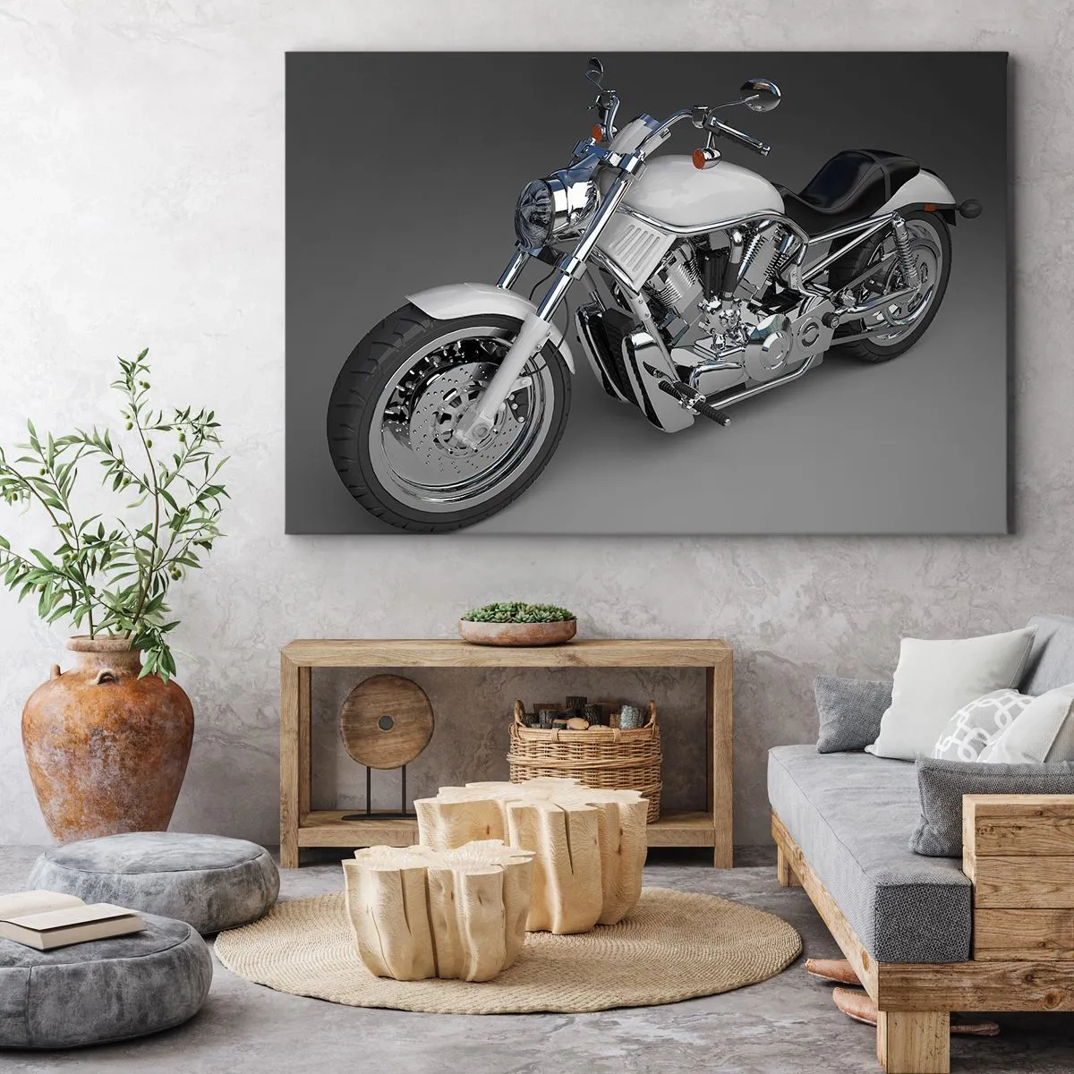 Cuadro sobre lienzo - Impresión de Imagen - Motocicleta cruiser blanca sobre fondo gris - 120x80cm - Solo puedes arrodillarte - Decoración de pared moderna para salón y dormitorio ARTTOR