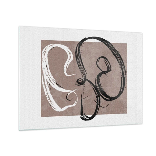 Cuadro sobre vidrio - Impresiones sobre Vidrio - Pinceladas dinámicas en blanco y negro sobre fondo beige. - 70x50cm - Composición: la búsqueda de la plenitud - Decoración de pared moderna para salón y dormitorio ARTTOR