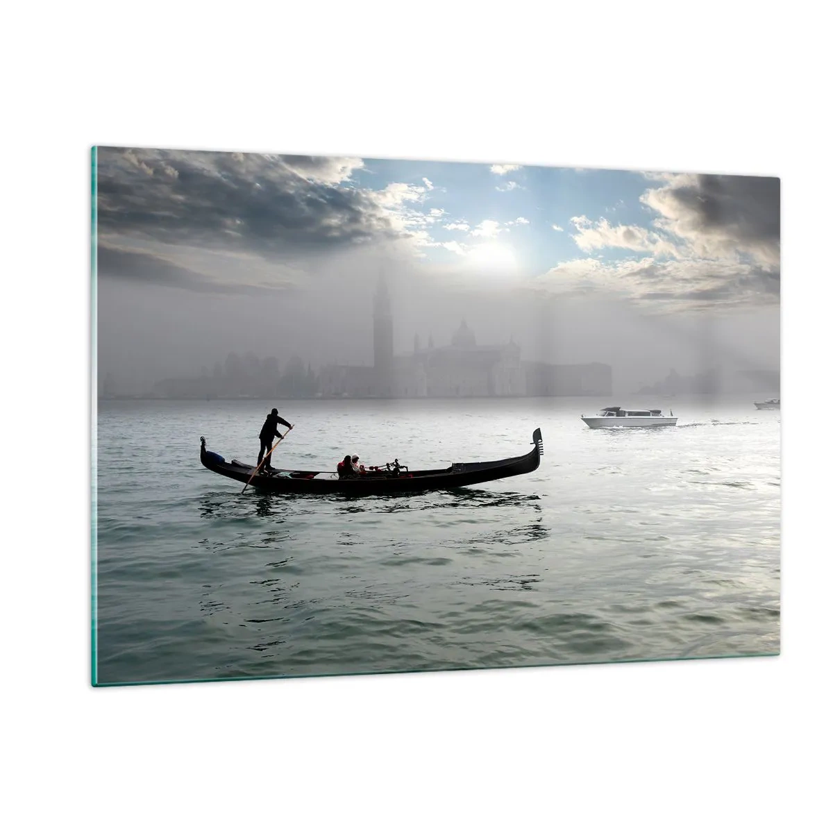 Cuadro sobre vidrio - Impresiones sobre Vidrio - Góndola sobre las aguas de Venecia en una mañana de niebla - 120x80cm - Una fabulosa ciudad de agua y niebla - Decoración de pared moderna para salón y dormitorio ARTTOR