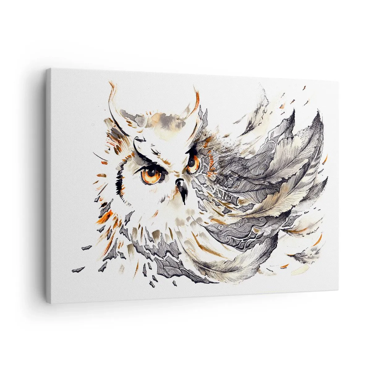 Cuadro sobre lienzo - Impresión de Imagen - Un búho con plumas místicas en forma artística de acuarela. - 70x50cm - Venía de un mundo de magia - Decoración de pared moderna para salón y dormitorio ARTTOR
