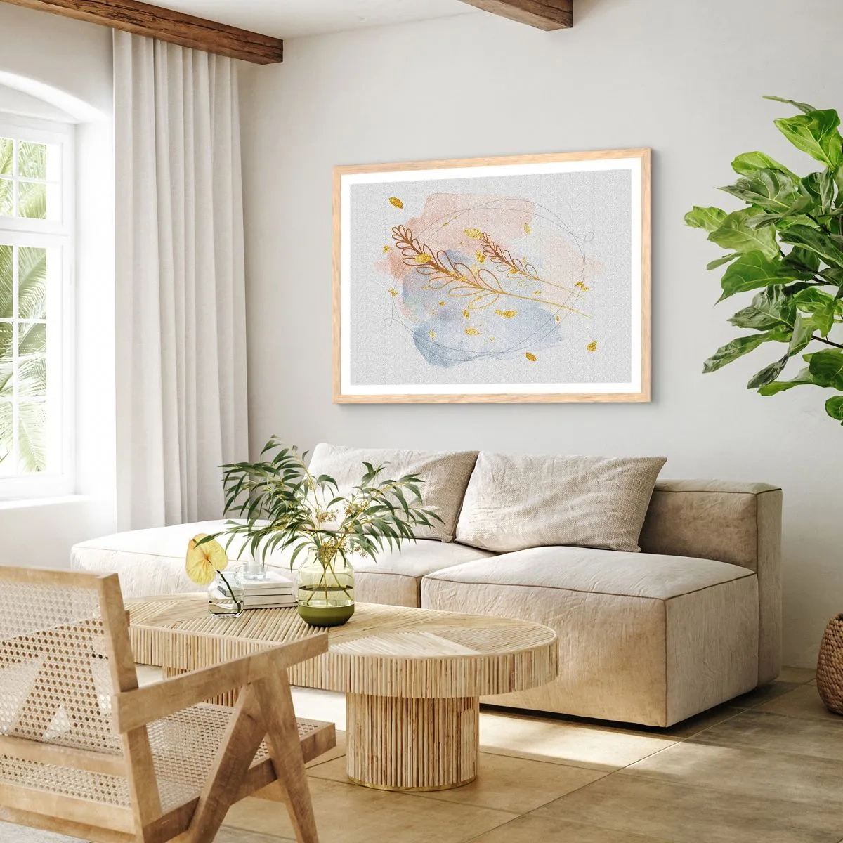 Póster en marco roble claro - Ráfaga dorada - 100x70 cm