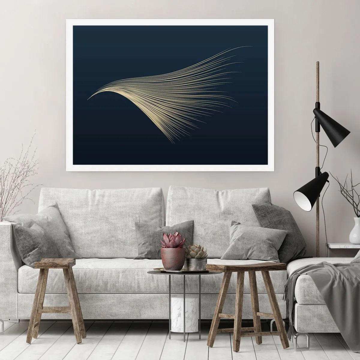 Póster - Una delicada línea similar a una pluma sobre un fondo azul marino. - 100x70cm - Como el cabello de un ángel - Decoración de pared moderna para salón y dormitorio ARTTOR