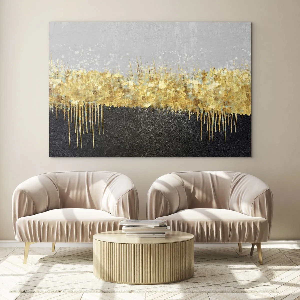 Cuadro sobre vidrio - Impresiones sobre Vidrio - Abstracción dorada con contraste negro y gris. - 70x50cm - Hacia arriba y hacia abajo - Decoración de pared moderna para salón y dormitorio ARTTOR