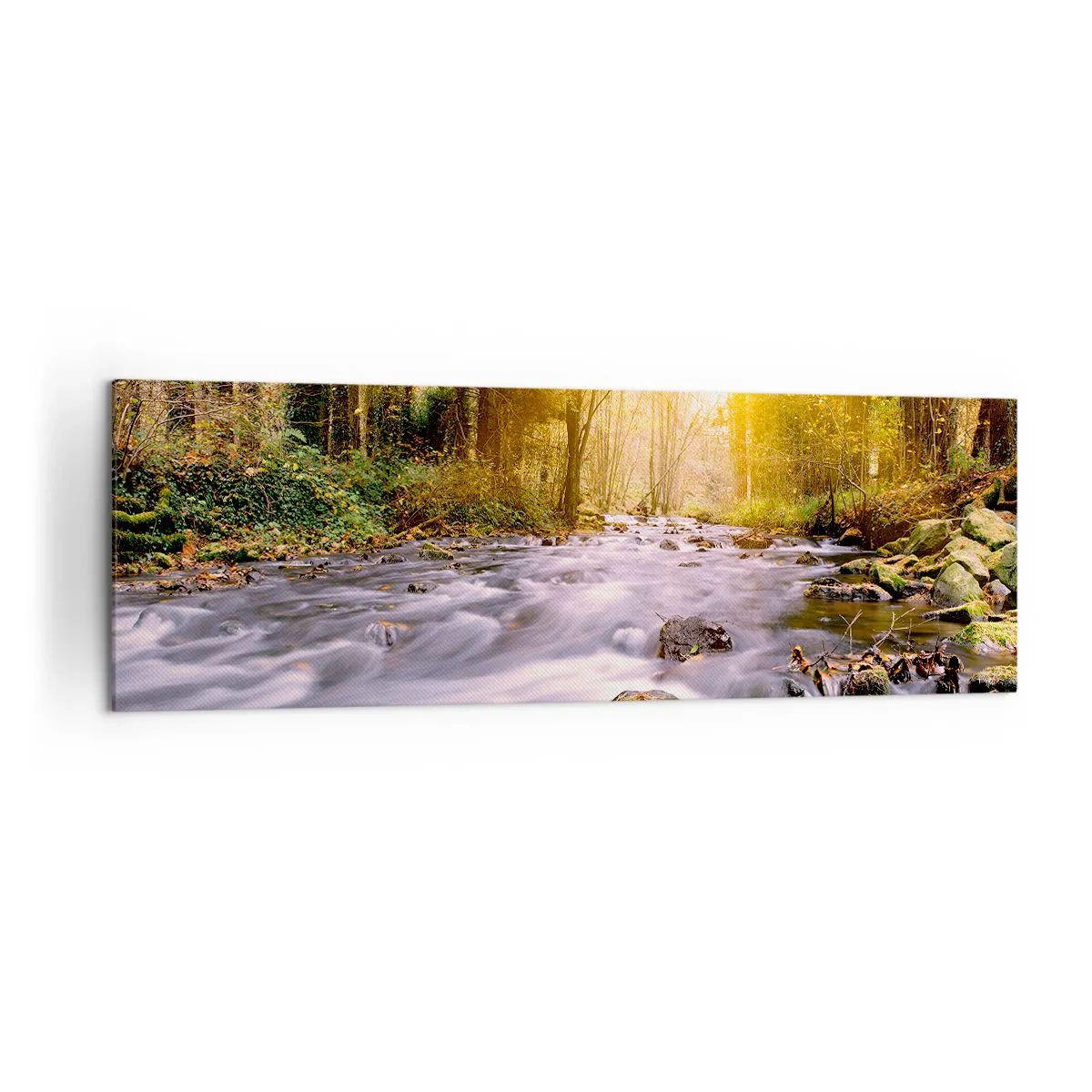 Cuadro sobre lienzo - Impresión de Imagen - Un arroyo forestal iluminado por los rayos del sol. - 160x50cm - Malaquita en un marco de plata y oro - Decoración de pared moderna para salón y dormitorio ARTTOR