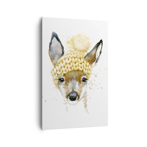 Cuadro sobre lienzo - Impresión de Imagen - Ciervo de acuarela con gorra amarilla - 80x120cm - Para el invierno en un bosque nevado - Decoración de pared moderna para salón y dormitorio ARTTOR