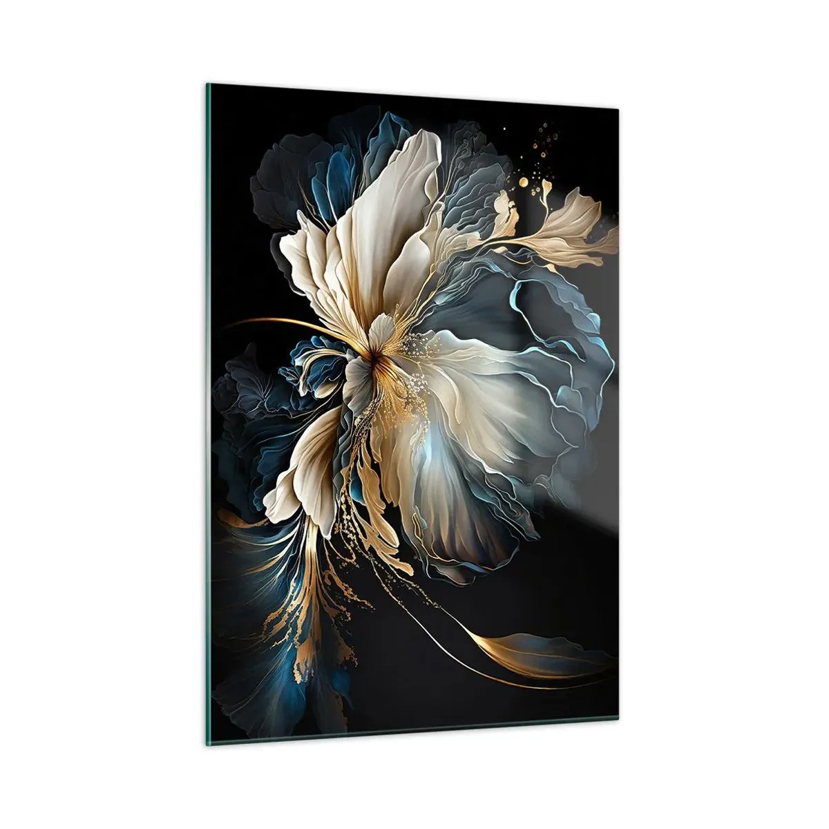 Cuadro sobre vidrio - Impresiones sobre Vidrio - Una flor elegante en tonos dorados, azul marino y beige sobre negro. - 50x70cm - Flor de helecho de cuento - Decoración de pared moderna para salón y dormitorio ARTTOR