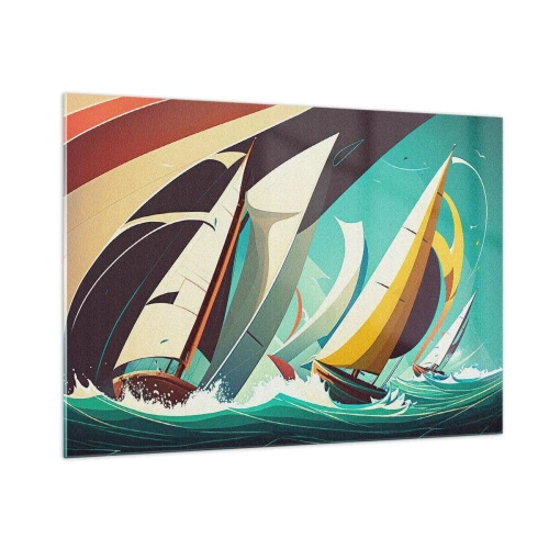 Cuadro sobre vidrio - Impresiones sobre Vidrio - Ilustración de estilo retro de veleros en un mar tempestuoso - 100x70cm - Afrontar los elementos - Decoración de pared moderna para salón y dormitorio ARTTOR