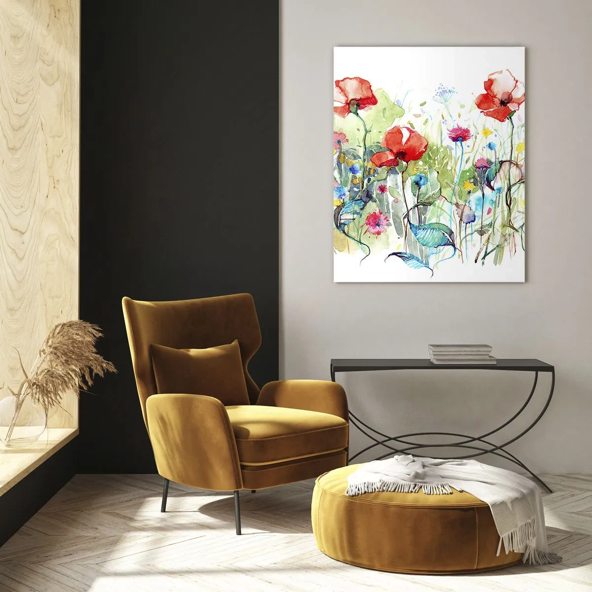 Cuadro sobre vidrio - Impresiones sobre Vidrio - Amapolas coloridas y flores silvestres en estilo acuarela. - 50x70cm - Un prado en flor en mayo - Decoración de pared moderna para salón y dormitorio ARTTOR