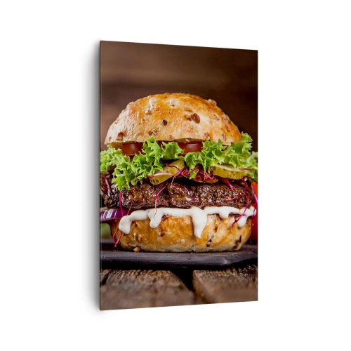 Cuadro sobre lienzo - Impresión de Imagen - Deliciosas hamburguesas con verduras y salsa. - 80x120cm - El sueño americano - Decoración de pared moderna para salón y dormitorio ARTTOR