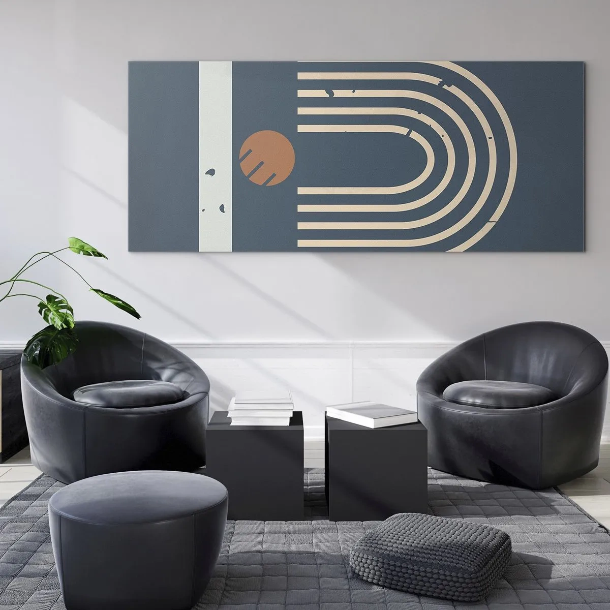 Cuadro sobre vidrio - Impresiones sobre Vidrio - Patrón geométrico en tonos azul marino, beige y naranja sobre un fondo oscuro. - 120x50cm - Geometría sobre azul marino - Decoración de pared moderna para salón y dormitorio ARTTOR