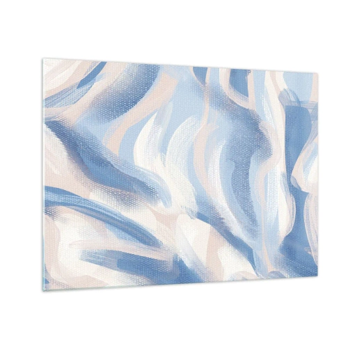 Cuadro sobre vidrio - Impresiones sobre Vidrio - Trazos abstractos en azul, blanco y beige en forma ondulada. - 70x50cm - Ondas azules - Decoración de pared moderna para salón y dormitorio ARTTOR