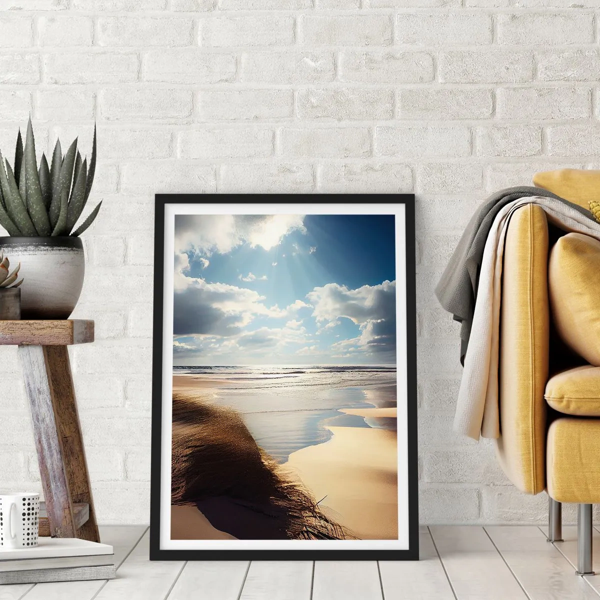 Póster en marco negro - Playa al atardecer con olas y nubes - 50x70cm - Playa, playa salvaje - Decoración de pared moderna para salón y dormitorio ARTTOR