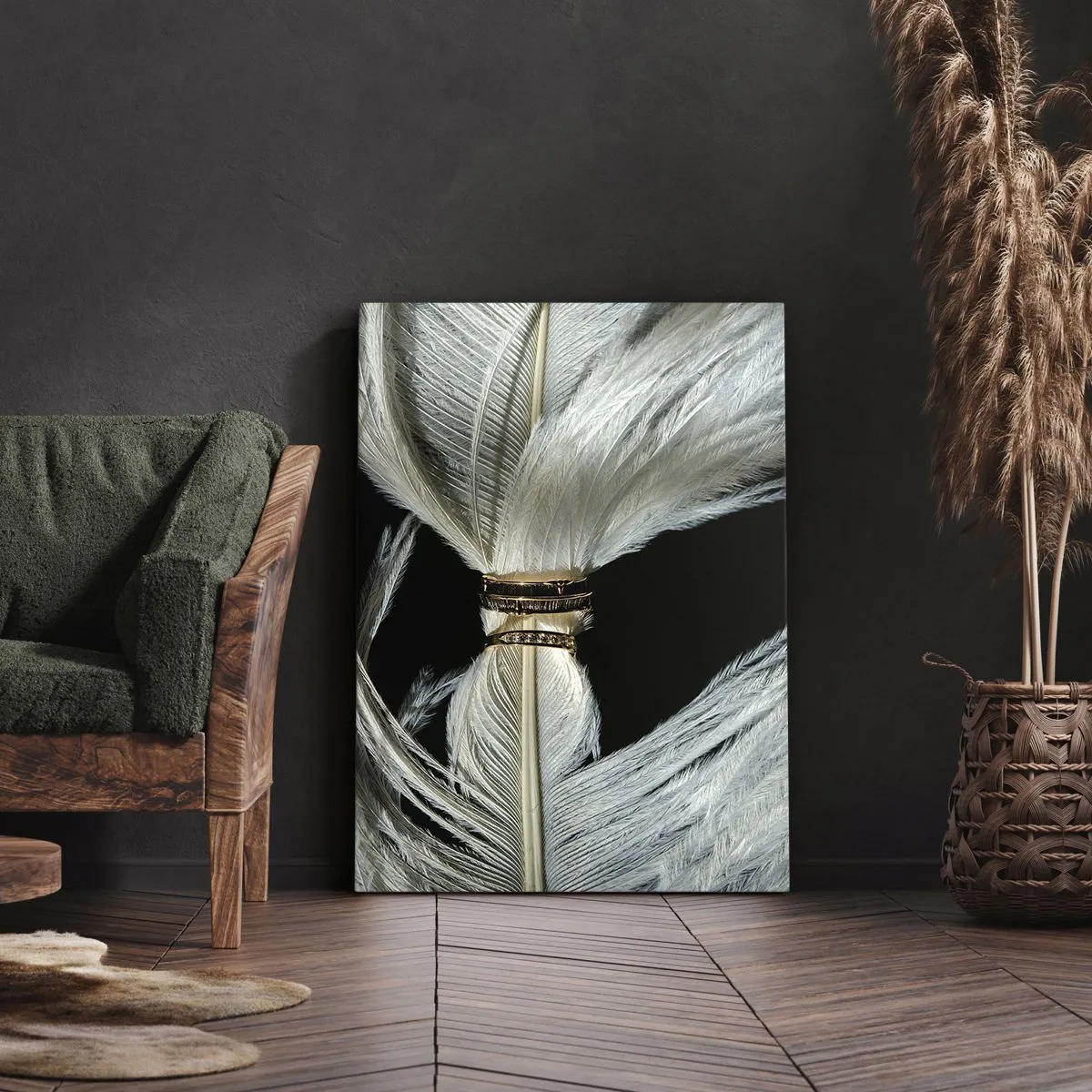 Cuadro sobre lienzo - Impresión de Imagen - Una pluma blanca con dos anillos dorados sobre un fondo negro. - 50x70cm - ...y no te dejaré.... - Decoración de pared moderna para salón y dormitorio ARTTOR