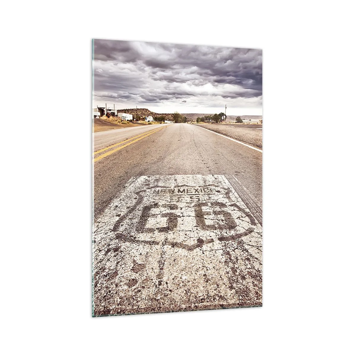 Cuadro sobre vidrio - Impresiones sobre Vidrio - Ruta 66 en un clima desértico con un cielo pintoresco - 70x100cm - Mother Road: una leyenda americana - Decoración de pared moderna para salón y dormitorio ARTTOR