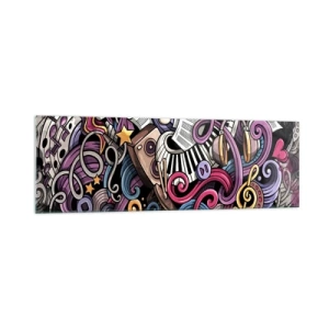 Cuadro sobre vidrio - Impresiones sobre Vidrio - Una abstracción musical llena de instrumentos y notas coloridas. - 160x50cm - Una melodía complicada - Decoración de pared moderna para salón y dormitorio ARTTOR