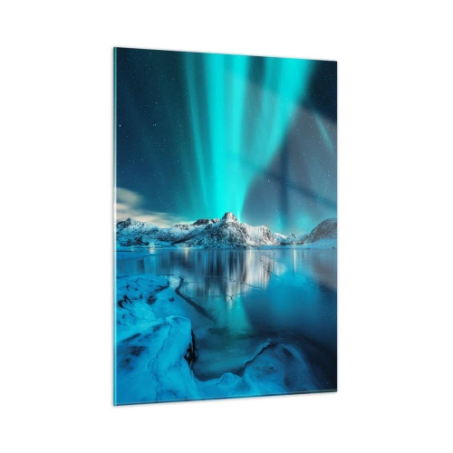 Cuadro sobre vidrio - Impresiones sobre Vidrio - Aurora boreal sobre las montañas nevadas - 50x70cm - Una noche de luz - Decoración de pared moderna para salón y dormitorio ARTTOR
