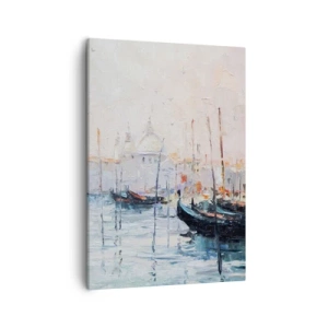 Cuadro sobre lienzo - Impresión de Imagen - Vista pintoresca de los canales con barcos de colores pastel. - 50x70cm - Más allá del agua, más allá de la niebla - Decoración de pared moderna para salón y dormitorio ARTTOR