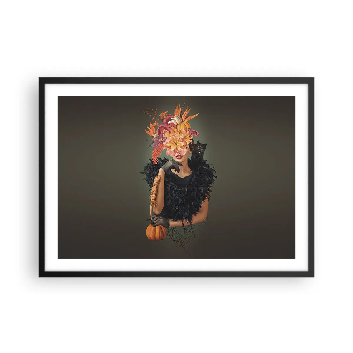 Póster en marco negro - Retrato de una mujer con motivos otoñales y un gato. - 70x50cm - Hechizo de bruja - Decoración de pared moderna para salón y dormitorio ARTTOR