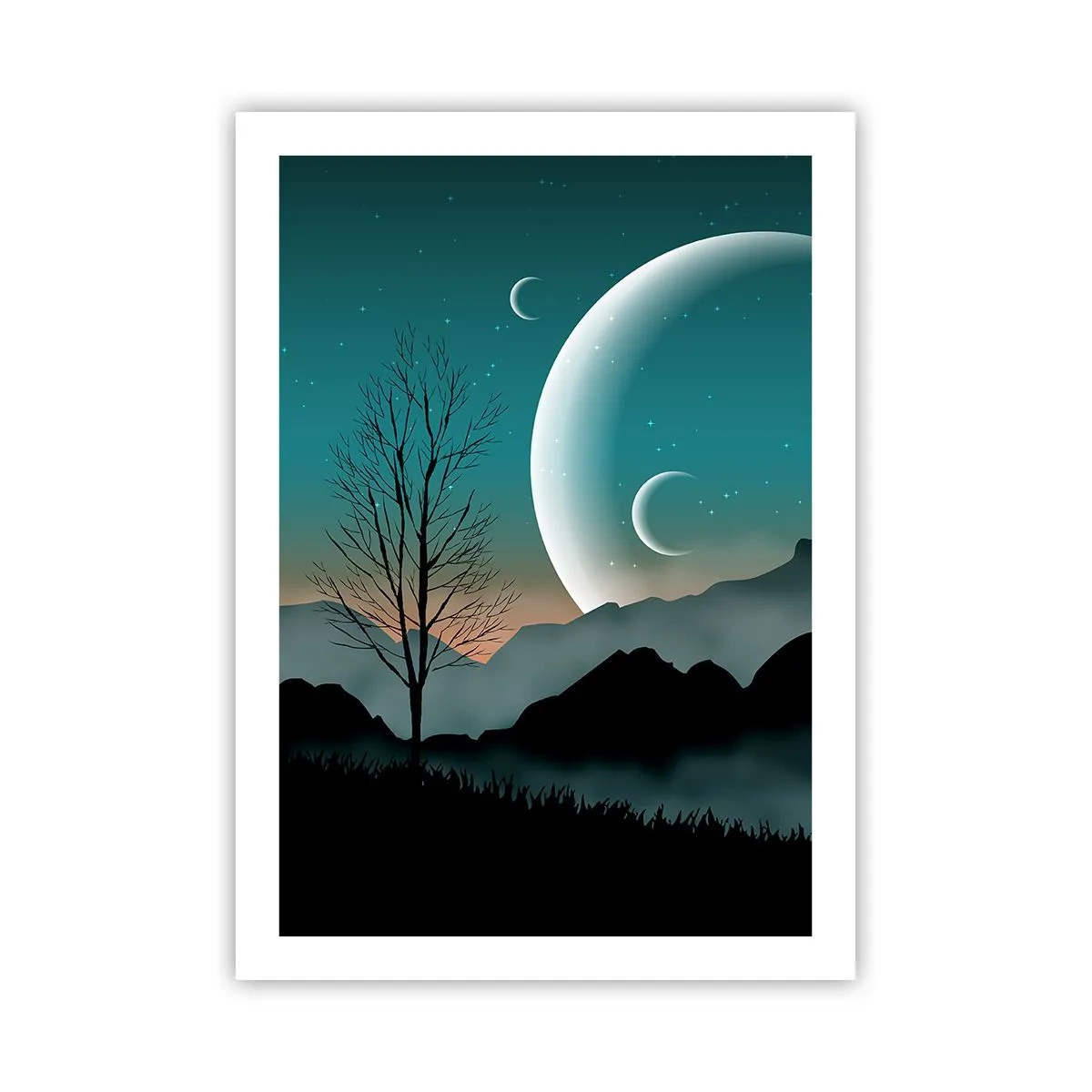 Póster - Paisaje artístico con la luna sobre el fondo de montañas y árboles. - 50x70cm - Un carnaval de noche estrellada - Decoración de pared moderna para salón y dormitorio ARTTOR