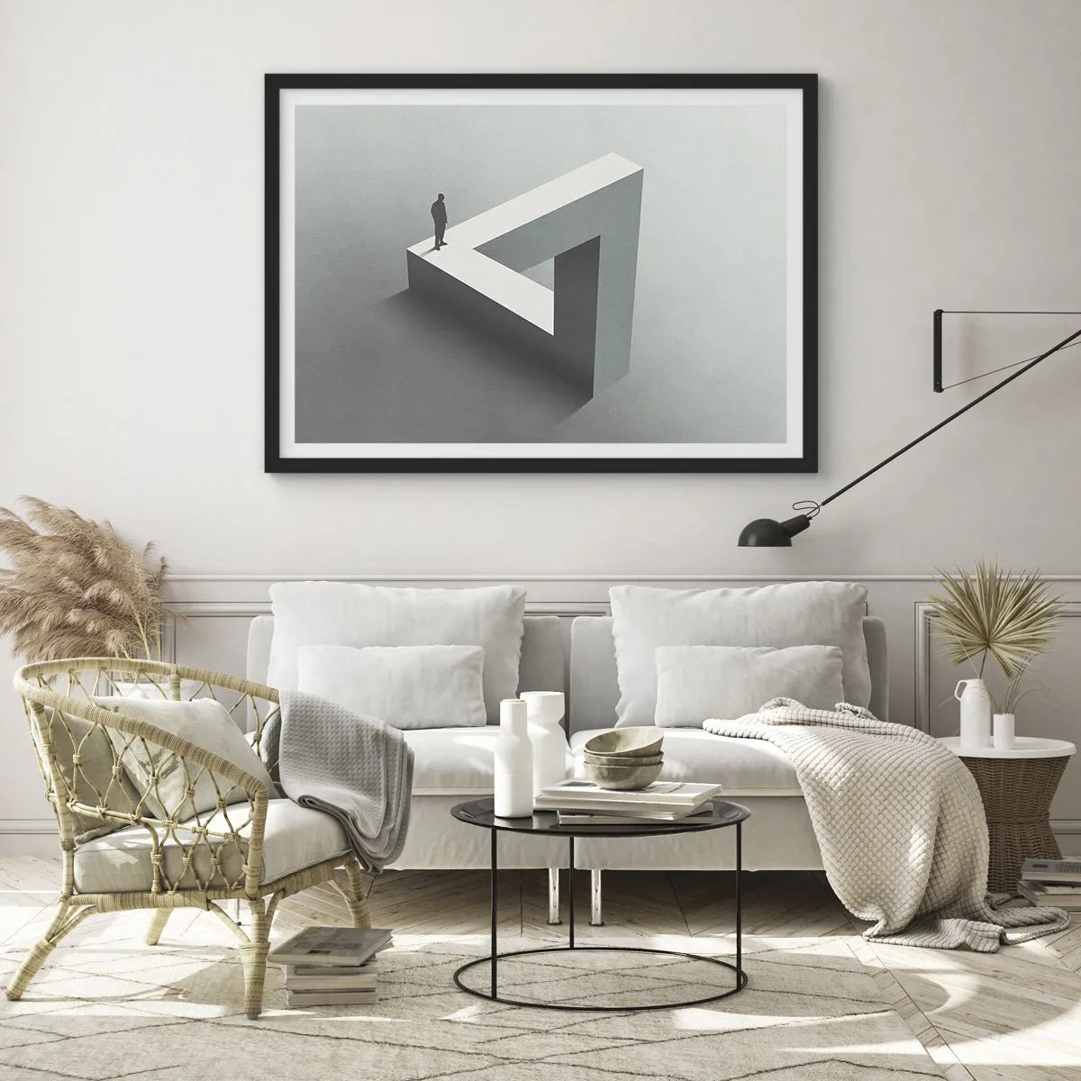 Póster en marco negro - Una figura parada sobre un triángulo de Penrose en tonos de gris. - 70x50cm - Y, sin embargo, es posible - Decoración de pared moderna para salón y dormitorio ARTTOR