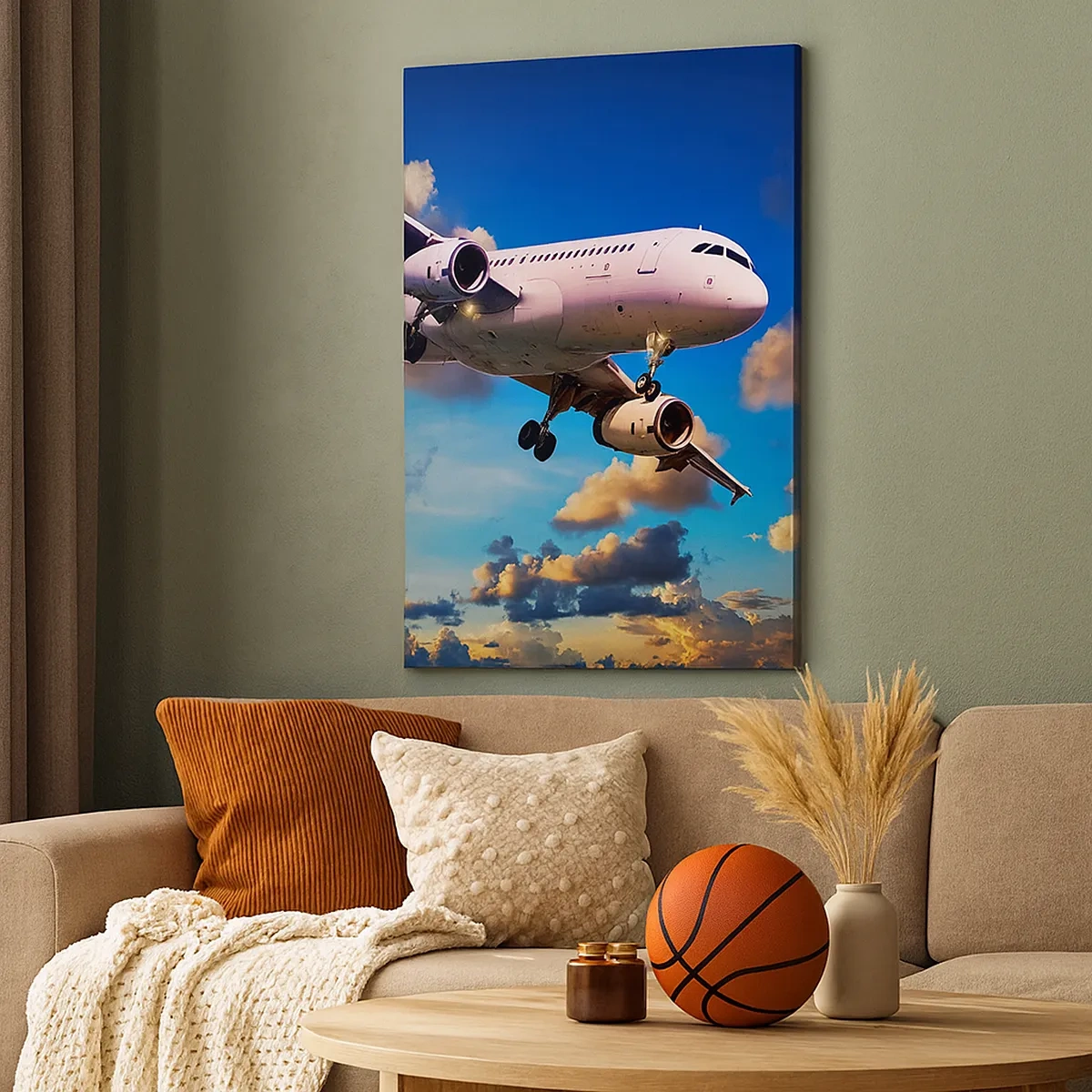 Cuadro sobre lienzo - Impresión de Imagen - Un avión de pasajeros contra las nubes al atardecer. - 50x70cm - Un viaje en blanco y azul - Decoración de pared moderna para salón y dormitorio ARTTOR