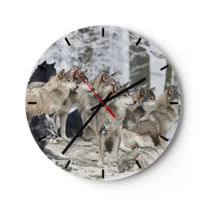 Reloj de pared - Reloj de vidrio - Una manada de lobos en un bosque invernal en un entorno natural. - 30x30cm - Familiares y amigos - Decoración de pared moderna para salón, cocina y dormitorio ARTTOR