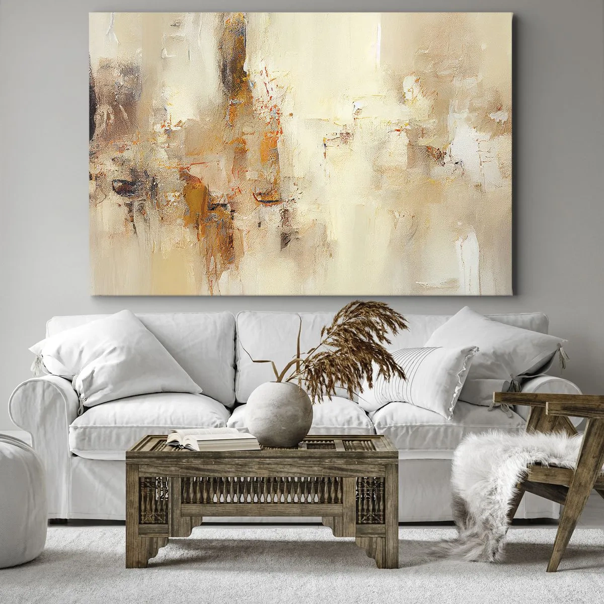 Cuadro sobre lienzo - Impresión de Imagen - Una composición abstracta en tonos cálidos de amarillo y marrón. - 70x50cm - El alma del ámbar - Decoración de pared moderna para salón y dormitorio ARTTOR