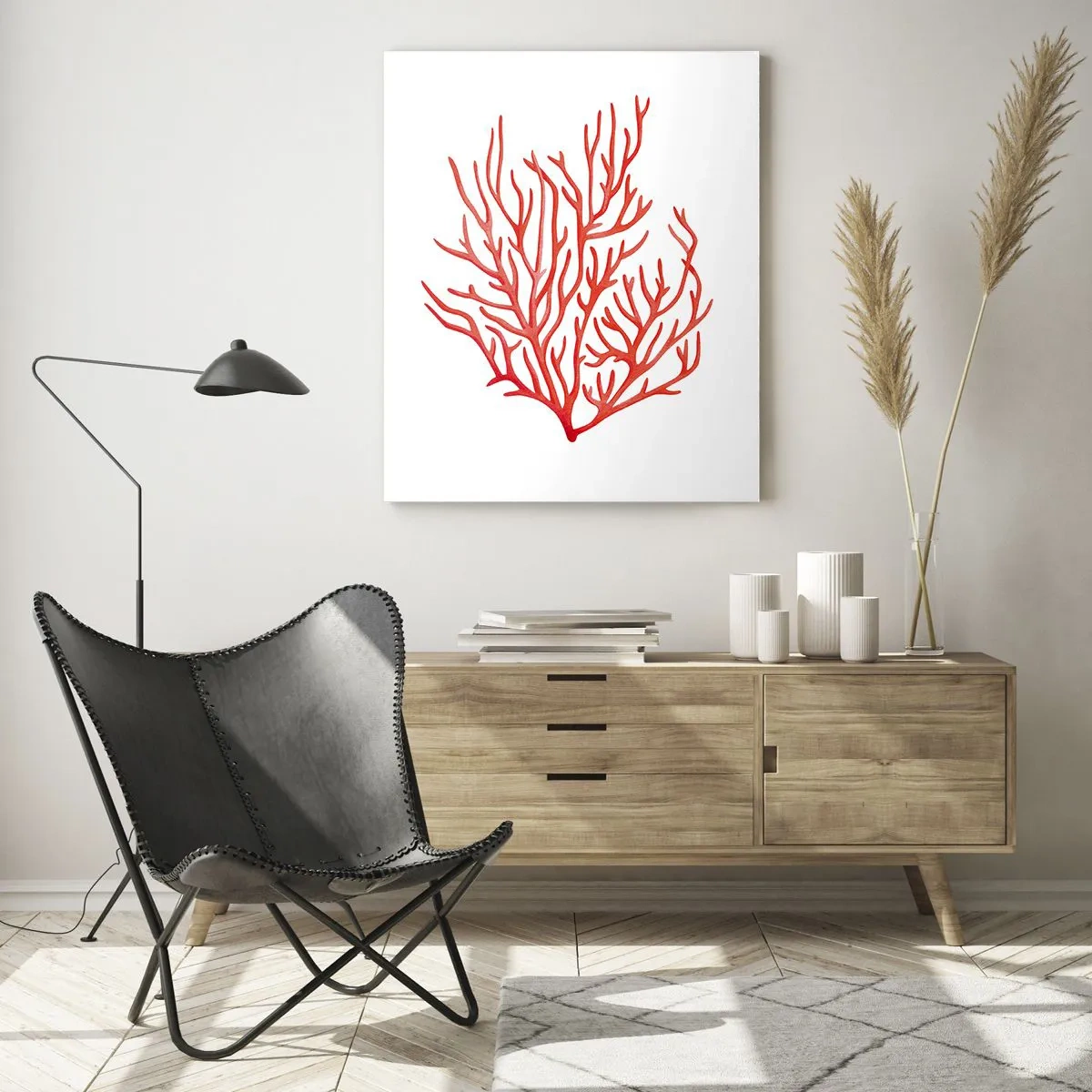 Cuadro sobre vidrio - Impresiones sobre Vidrio - Coral rojo con una estructura de filigrana sobre un fondo blanco. - 50x70cm - Filigrana de coral - Decoración de pared moderna para salón y dormitorio ARTTOR