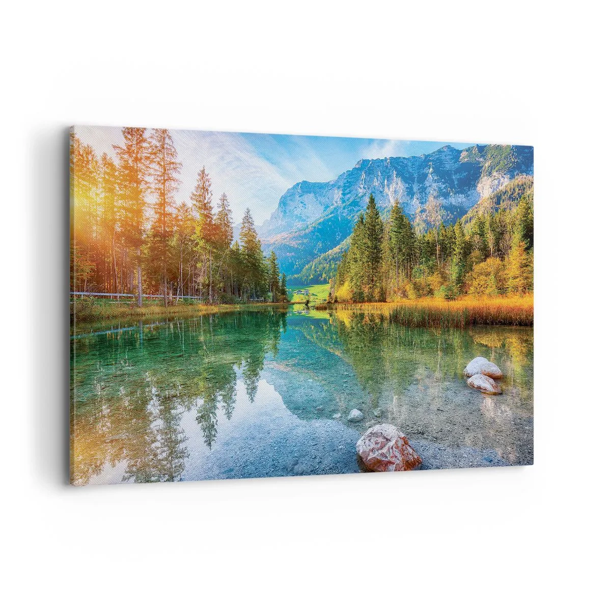 Cuadro sobre lienzo - Impresión de Imagen - Un pintoresco lago rodeado de montañas y bosques. - 120x80cm - La dulzura del otoño - Decoración de pared moderna para salón y dormitorio ARTTOR