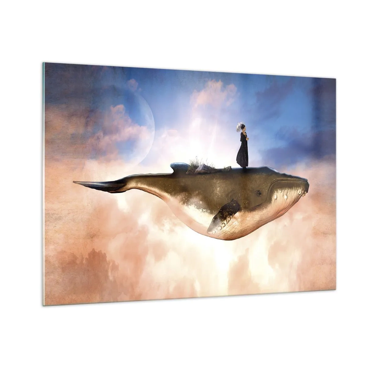 Cuadro sobre vidrio - Impresiones sobre Vidrio - Una ballena de fantasía flotando en las nubes con una mujer en su espalda. - 100x70cm - Un viaje surrealista - Decoración de pared moderna para salón y dormitorio ARTTOR