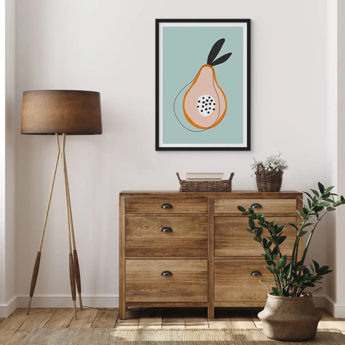 Póster en marco negro - Ilustración abstracta de una pera sobre un fondo de menta - 50x70cm - El interior de la naturaleza - Decoración de pared moderna para salón y dormitorio ARTTOR