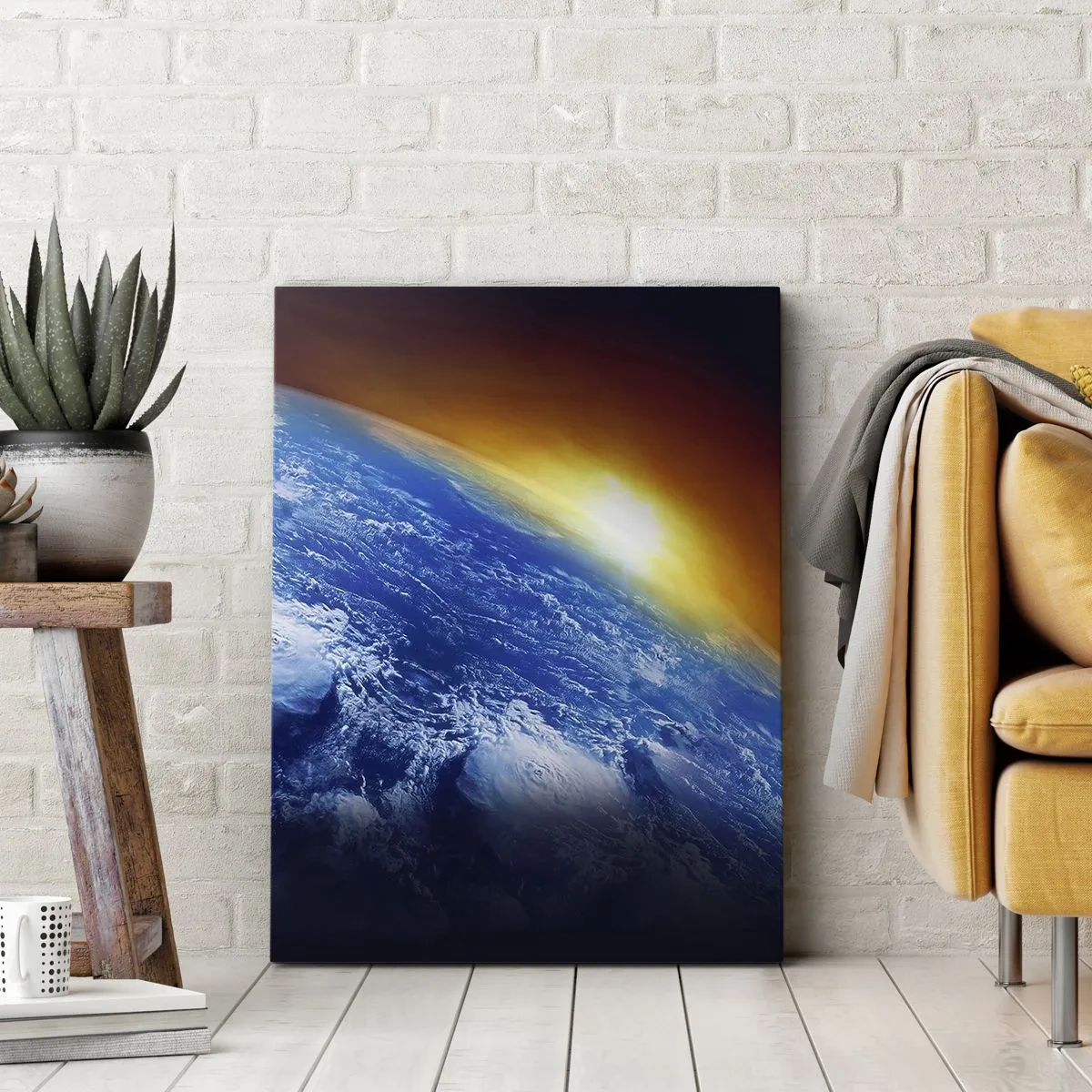 Cuadro sobre lienzo - Impresión de Imagen - Vista de la Tierra desde el espacio al atardecer - 70x100cm - Amanecer en un planeta azul - Decoración de pared moderna para salón y dormitorio ARTTOR
