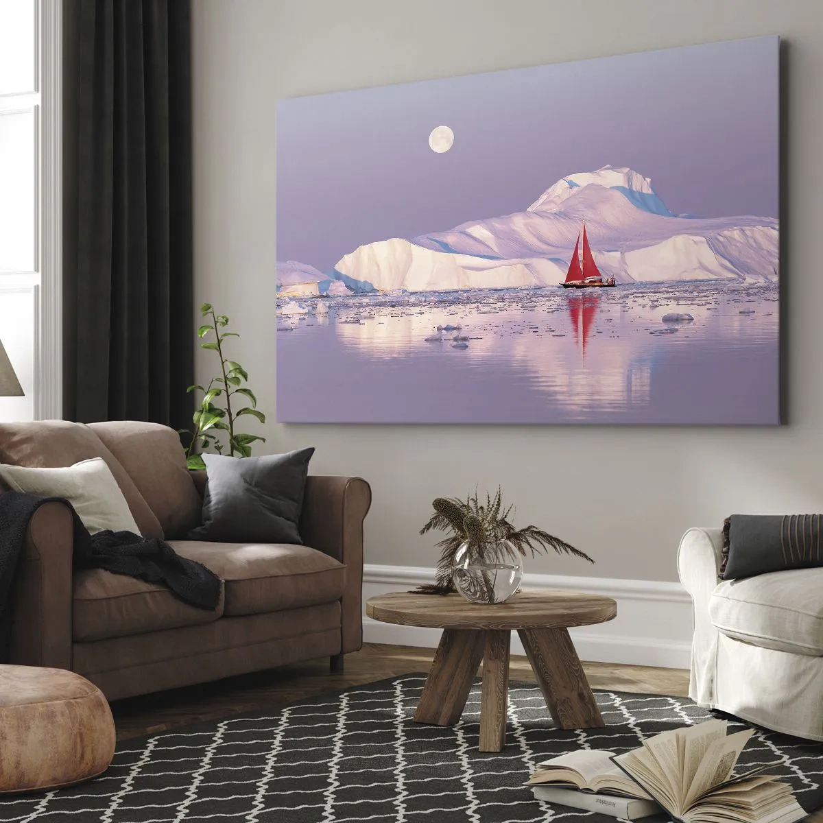 Cuadro sobre lienzo - Impresión de Imagen - Una vela roja con el telón de fondo de montañas heladas y una luna llena. - 70x50cm - El calor de la vela, el frío del hielo - Decoración de pared moderna para salón y dormitorio ARTTOR