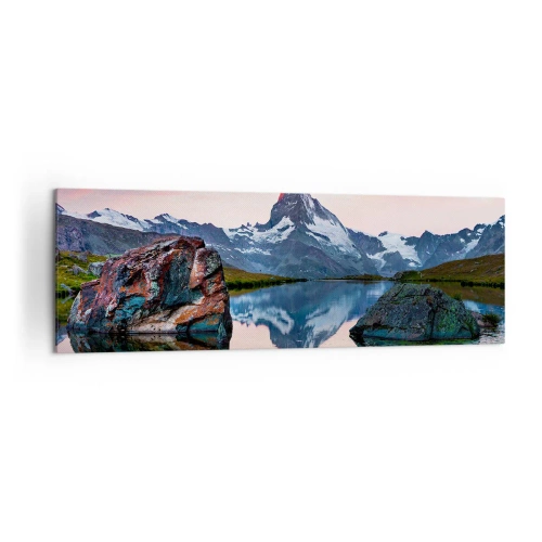Cuadro sobre lienzo - Impresión de Imagen - Un pico de montaña reflejado en un lago al atardecer. - 160x50cm - El corazón de las montañas arde - Decoración de pared moderna para salón y dormitorio ARTTOR