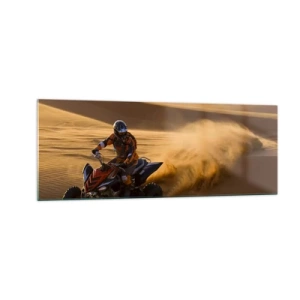 Cuadro sobre vidrio - Impresiones sobre Vidrio - Un motociclista en un quad acelerando por las dunas de arena del desierto. - 140x50cm - Sobre las olas de la arena - Decoración de pared moderna para salón y dormitorio ARTTOR