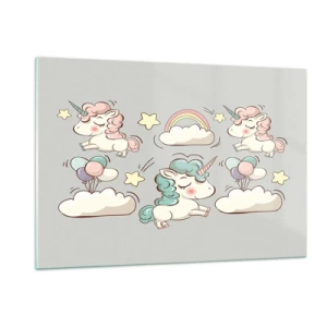 Cuadro sobre vidrio - Impresiones sobre Vidrio - Lindos unicornios en las nubes con un arcoíris y globos. - 120x80cm - Estoy seguro de que existen - Decoración de pared moderna para salón y dormitorio ARTTOR