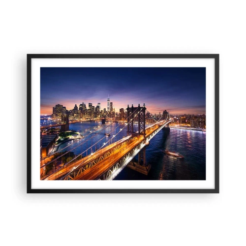 Póster en marco negro - El puente y el panorama de la ciudad al atardecer. - 70x50cm - Un puente luminoso hacia el corazón de la ciudad - Decoración de pared moderna para salón y dormitorio ARTTOR