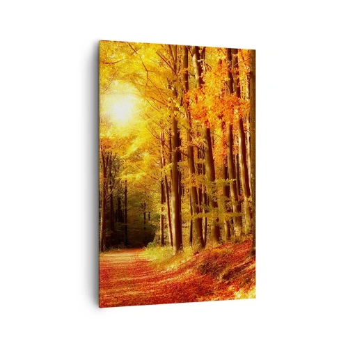 Cuadro sobre lienzo - Impresión de Imagen - Bosque otoñal con rayos de sol brillando a través de los árboles. - 80x120cm - Un otoño dorado en una carretera forestal - Decoración de pared moderna para salón y dormitorio ARTTOR