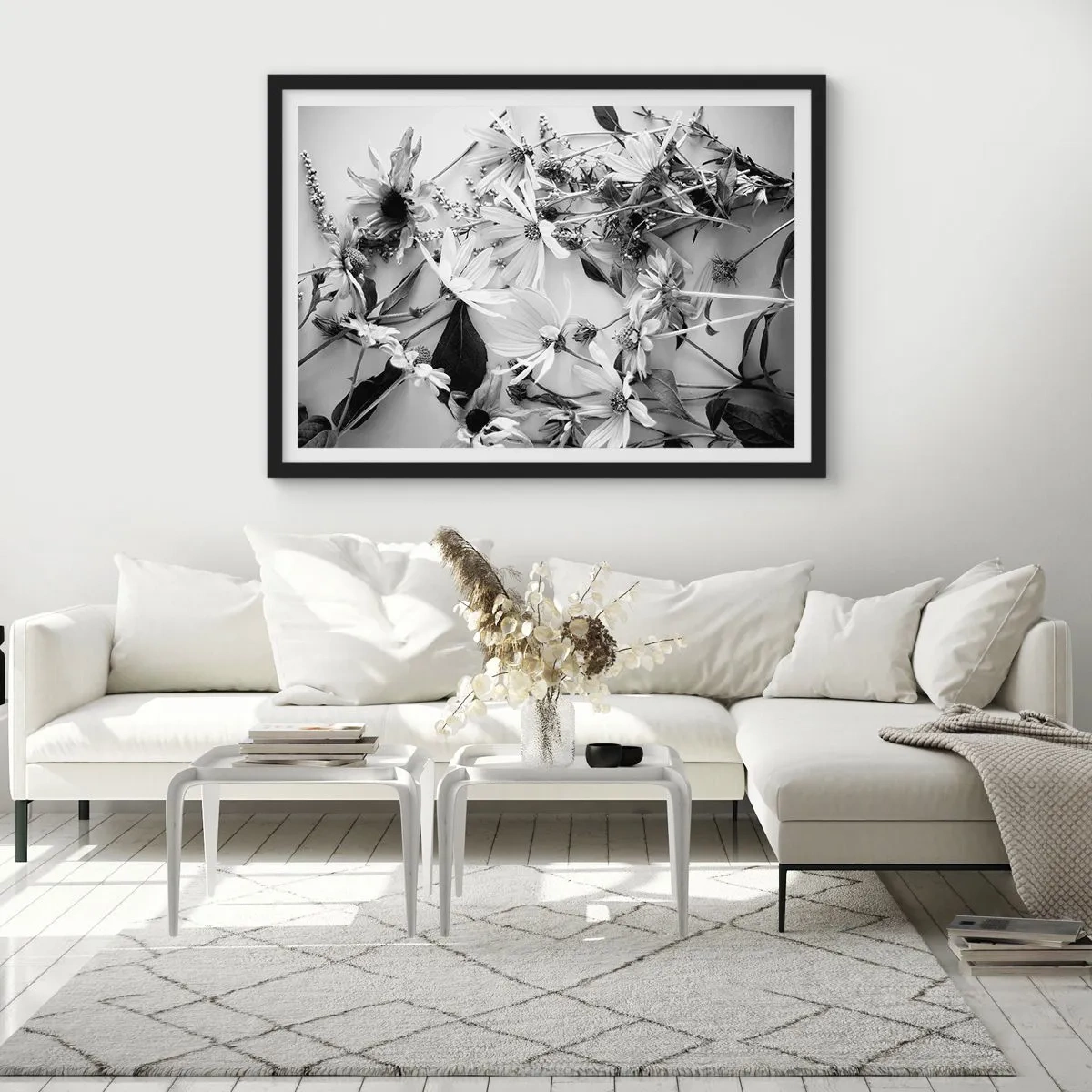Póster en marco negro - Arreglos florales en blanco y negro en un sutil estilo artístico. - 70x50cm - Un no ramo de flores - Decoración de pared moderna para salón y dormitorio ARTTOR