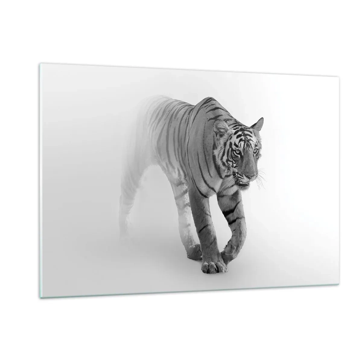 Cuadro sobre vidrio - Impresiones sobre Vidrio - Un tigre caminando a través de la niebla, con un sutil desenfoque en el fondo. - 120x80cm - Siempre alerta entre la niebla - Decoración de pared moderna para salón y dormitorio ARTTOR