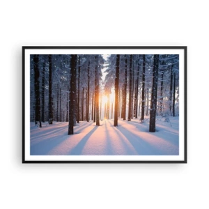 Póster en marco negro - Bosque invernal iluminado por los rayos del sol. - 100x70cm - Claramente en blanco y negro - Decoración de pared moderna para salón y dormitorio ARTTOR