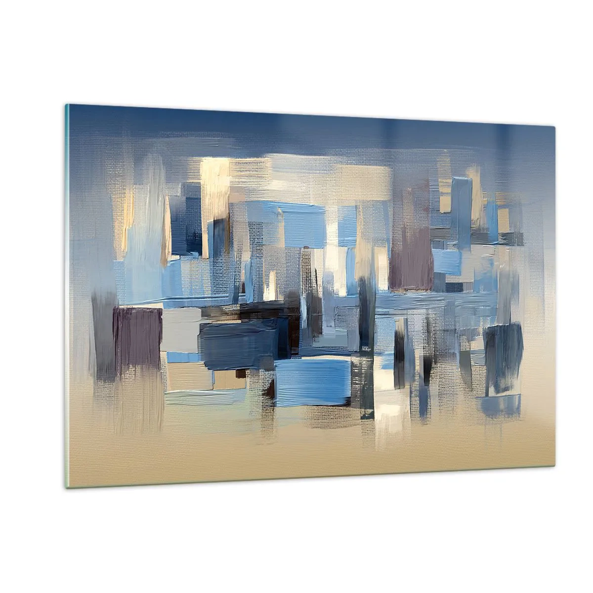 Cuadro sobre vidrio - Impresiones sobre Vidrio - Pinceladas geométricas en tonos azules y beige - 120x80cm - Construcción azul - Decoración de pared moderna para salón y dormitorio ARTTOR