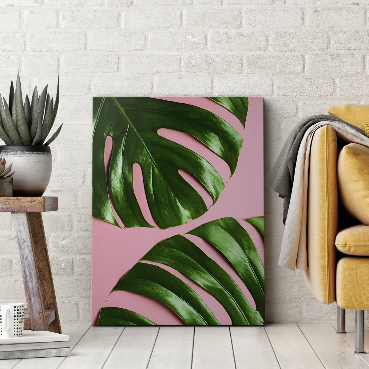 Cuadro sobre lienzo - Impresión de Imagen - Hojas de monstera verde sobre un fondo rosa - 50x70cm - Cita con el verde - Decoración de pared moderna para salón y dormitorio ARTTOR