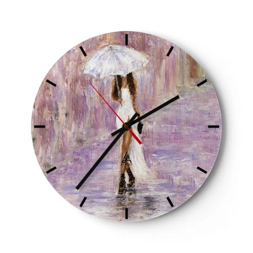 Reloj de pared - Reloj de vidrio - La figura de una mujer con paraguas bajo la lluvia, sobre un fondo lila. - 30x30cm - En la lluvia de lilas - Decoración de pared moderna para salón, cocina y dormitorio ARTTOR