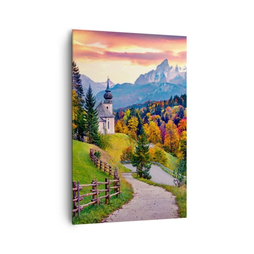 Cuadro sobre lienzo - Impresión de Imagen - Paisaje otoñal de montaña con capilla y puesta de sol. - 80x120cm - Paisaje como una pintura - Decoración de pared moderna para salón y dormitorio ARTTOR