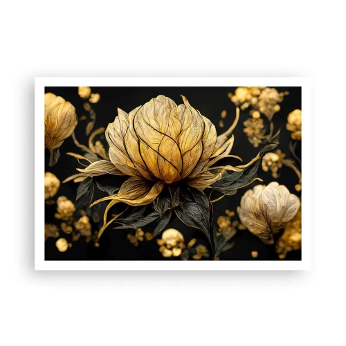 Póster - Flor dorada sobre fondo oscuro - 100x70cm - Sutil fragilidad - Decoración de pared moderna para salón y dormitorio ARTTOR