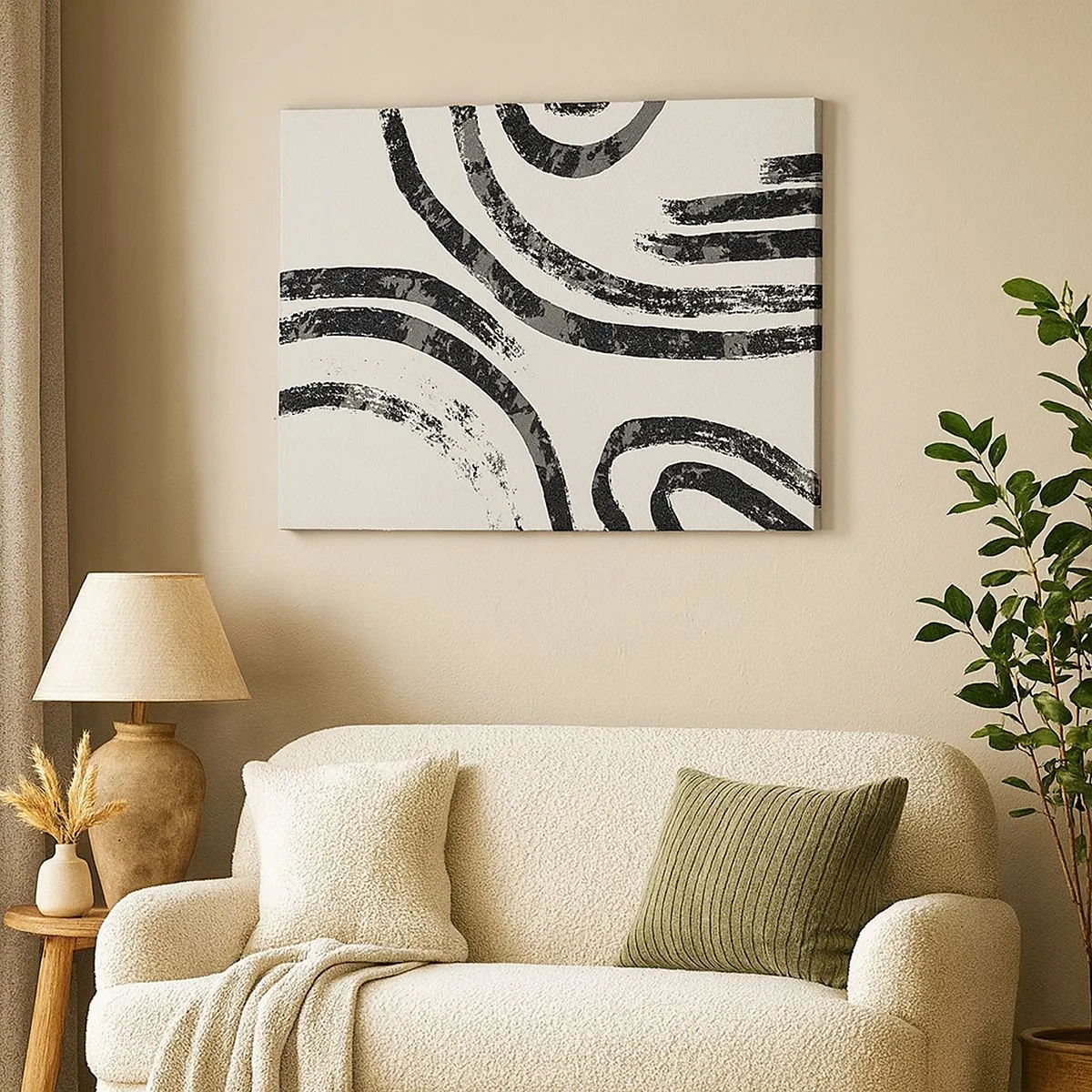 Cuadro sobre lienzo - Impresión de Imagen - Líneas abstractas en blanco y negro sobre un fondo claro - 70x50cm - A medias - Decoración de pared moderna para salón y dormitorio ARTTOR