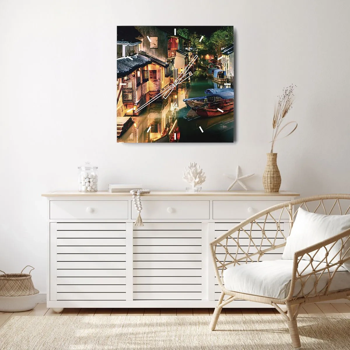 Reloj de pared - Reloj de vidrio - Noche en una calle china - 40x40 cm