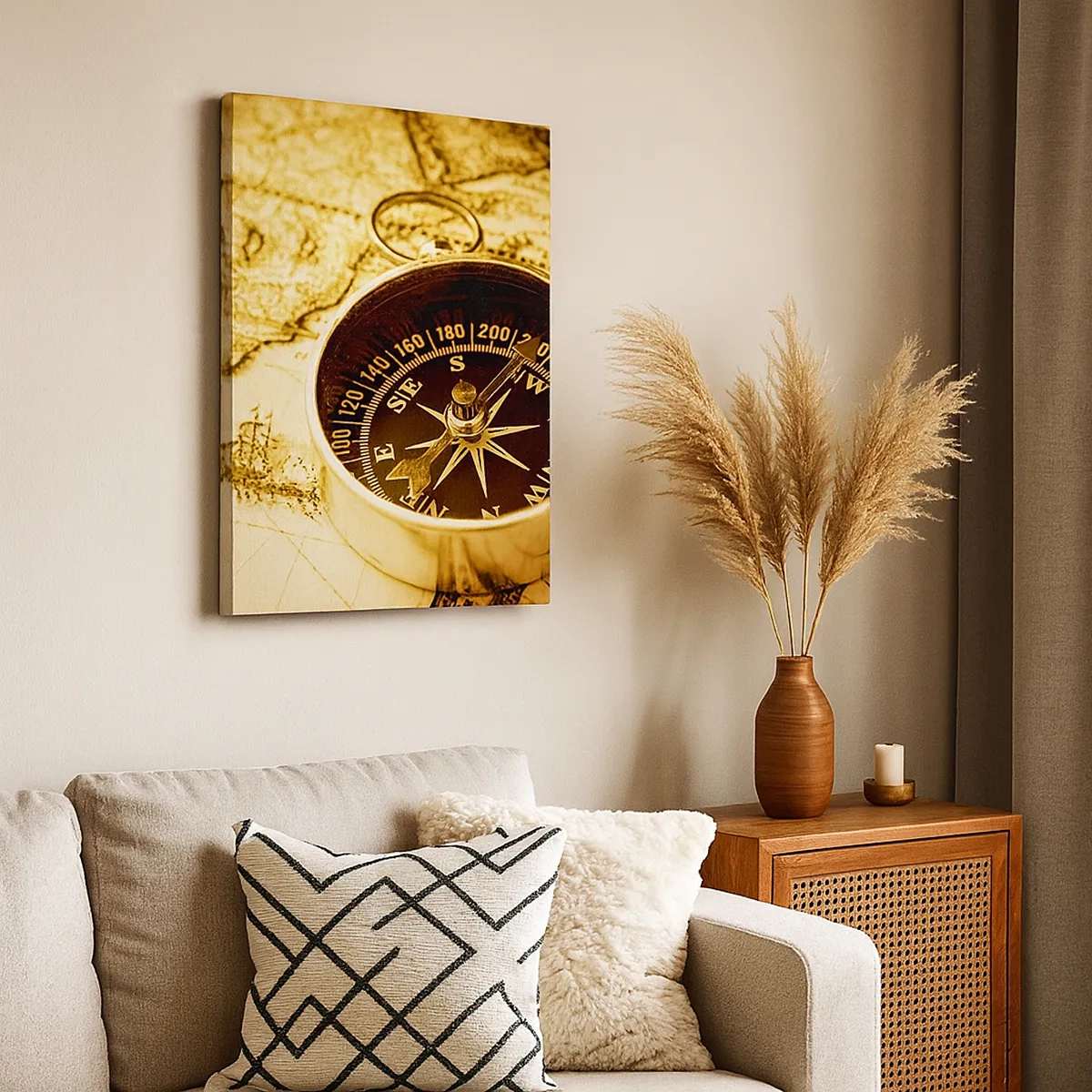 Cuadro sobre lienzo - Impresión de Imagen - Una brújula antigua sobre el fondo de un mapa del viejo mundo. - 50x70cm - ¿Este u Oeste? - Decoración de pared moderna para salón y dormitorio ARTTOR